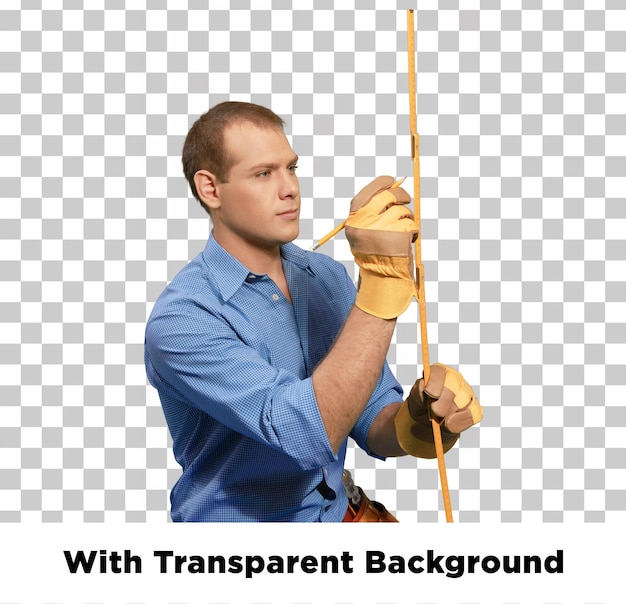 PSD construction worker with a measuring tool on a transparent background