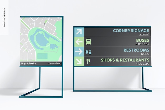 PSD corner signages mockup, front view