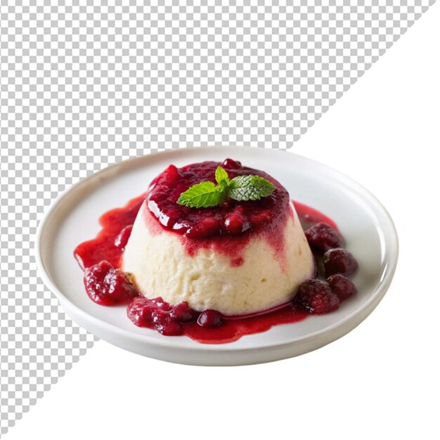 PSD cottage cheese pudding with raspberry jam on a transparent background