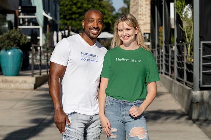 PSD couple tee mockup customizable psd dating in urban scene
