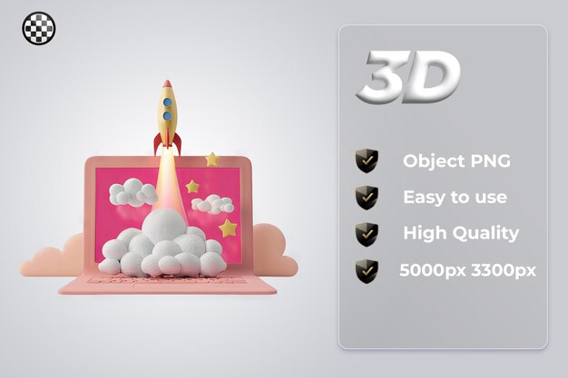PSD creative 3d laptop rocket launch with smoke for innovative designs