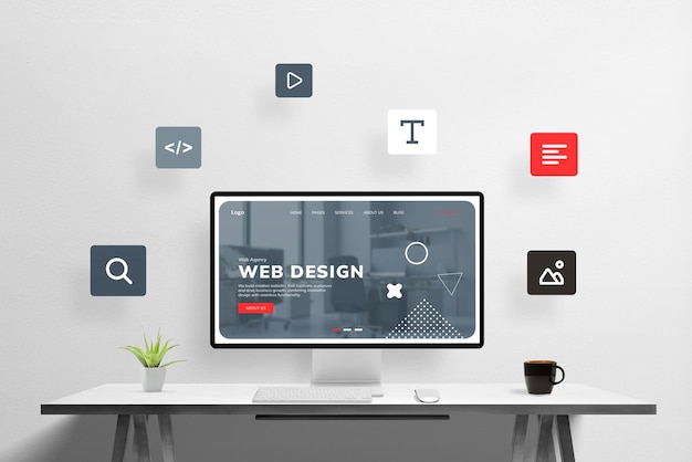 PSD creative web design studio computer display mockup scene creator