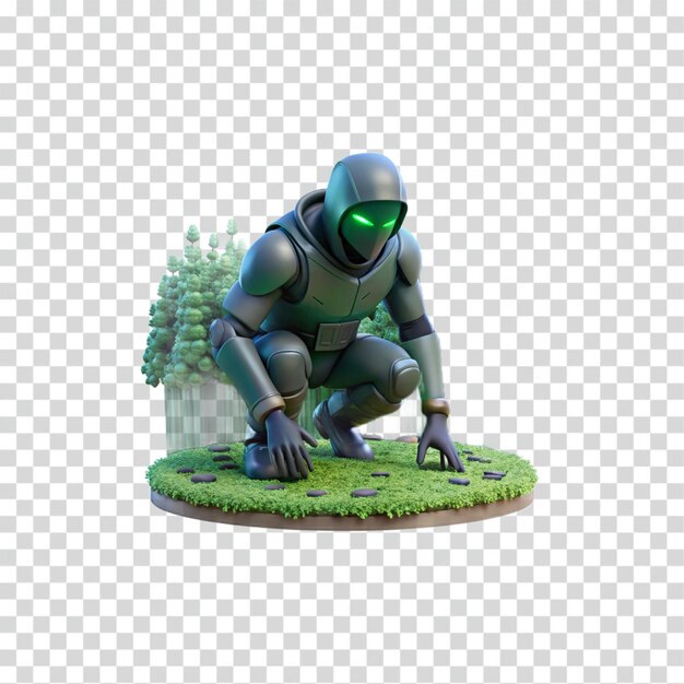 PSD crouching armored figure in forest setting