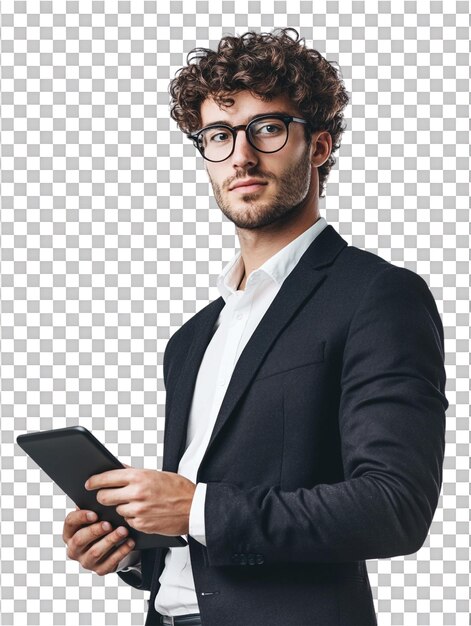 PSD curly haired businessman using a tablet while posing against transparent background