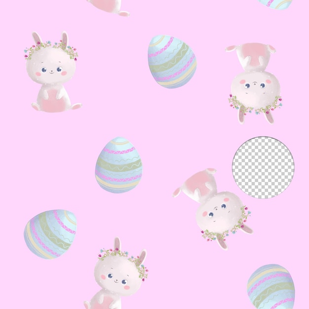 PSD cute easter bunnies and eggs pattern on lilac background