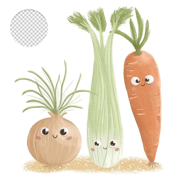 PSD cute onion celery carrot on white background