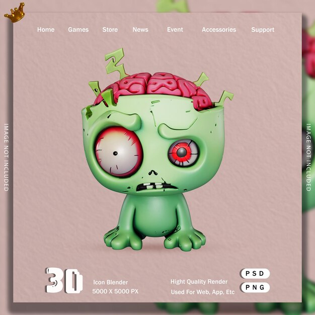 PSD cute zombie character 3d render for web and app