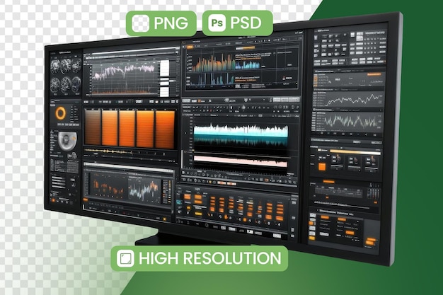 PSD dashboard showing various data analysis and visualization complex interface with charts graphs and numerical information data science concept
