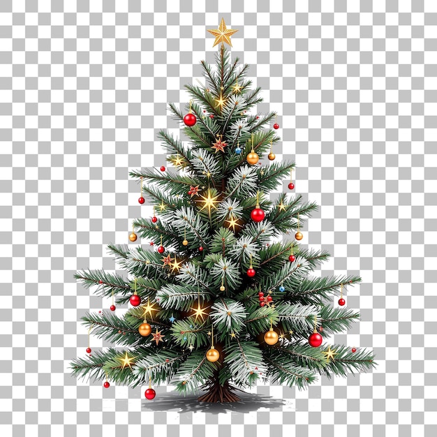 PSD decorated christmas tree with red and gold ornaments and gifts on transparent background
