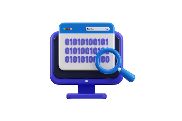 PSD desktop binary code search icon 3d render concept of computer monitor displaying binary code icon