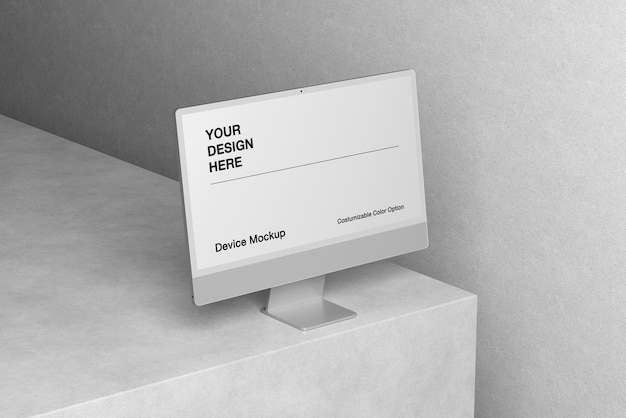 PSD device computer mockup with realistic wall background and customizable background and object color