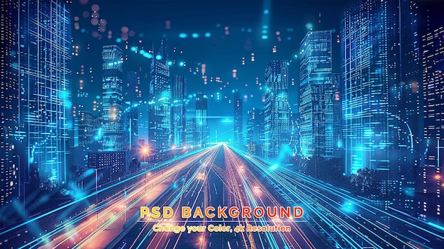 PSD digital data flow on road with motion blur to create vision of fast speed transfer