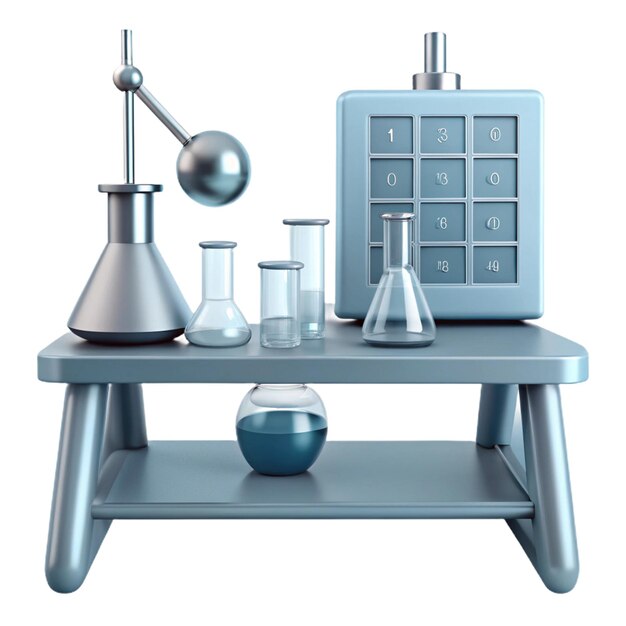 PSD a display of different bottles and beakers with a blue bottle of flasks