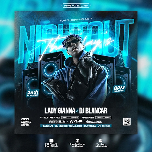 PSD dj club night party flyer and social media post template