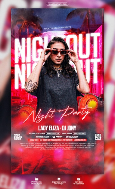 PSD dj club night party flyer and social media story template