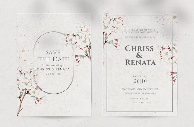PSD double sided vintage wedding invitation template with cherry blossom