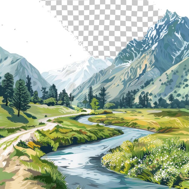 PSD a drawing of a river with a mountain in the background