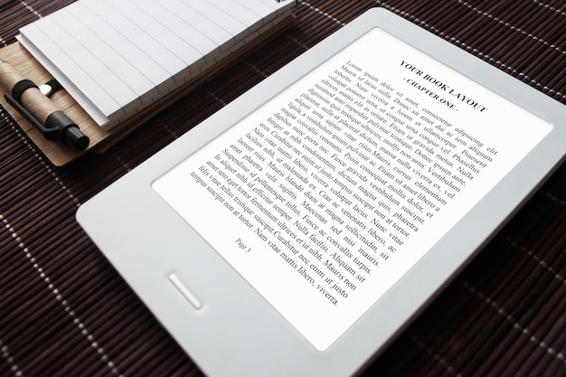PSD e-book reader, mock-up, home decoration with notebook, pencil