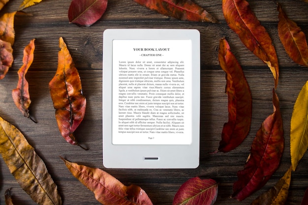 PSD e-book reader mock-up with  autumn leaves