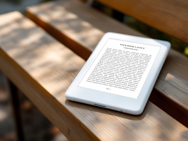 PSD ebook reader mockup on a bench