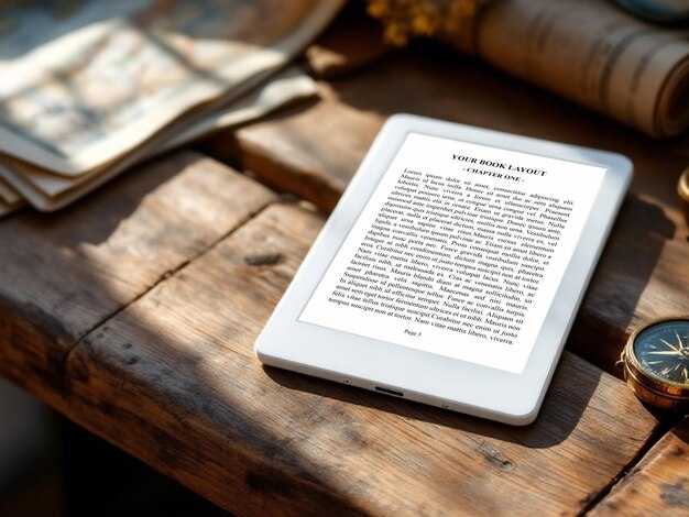 PSD ebook reader mockup on a bench
