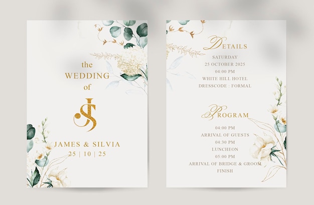 PSD elegant and beauty white wedding invitation with boho wildflower watercolor