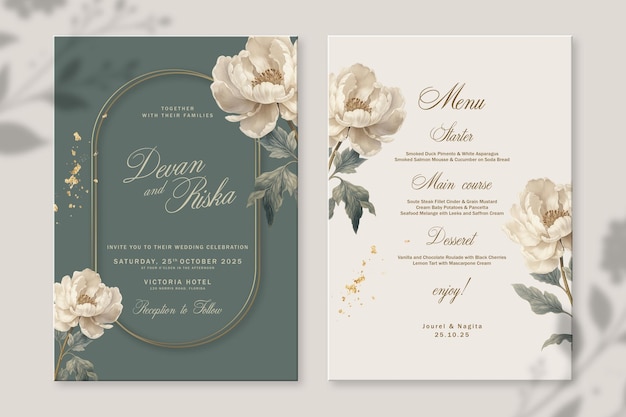 PSD elegant floral wedding invitation and menu card