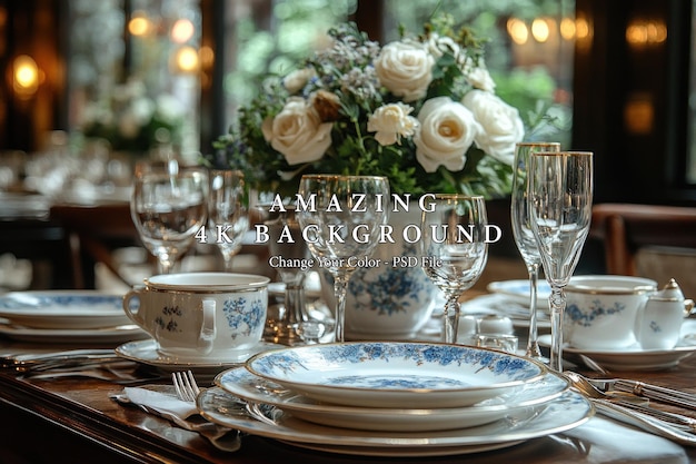 PSD elegant table setting with white roses