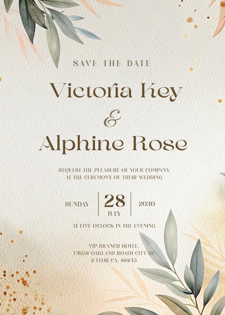 PSD elegant watercolor wedding invitation save the date