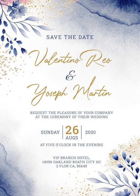 PSD elegant wedding invitation with floral watercolor accents