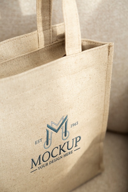 PSD embossed logo mock-up design on linen material bag