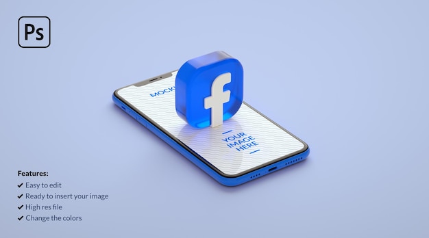 PSD facebook logo button with a smartphone screen mockup in 3d rendering