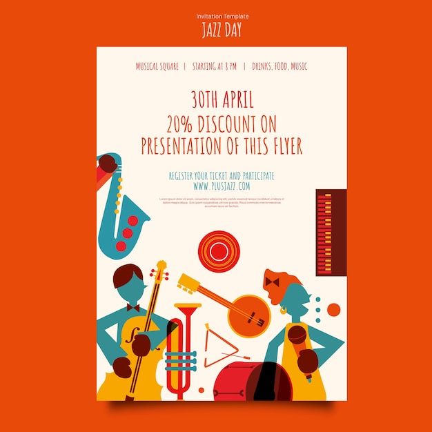 PSD flat jazz day invitation template
