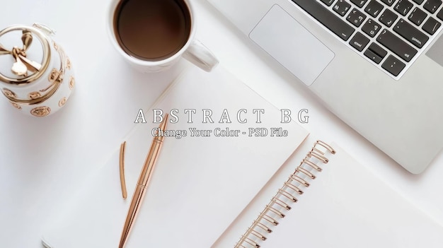PSD flat lay of workspace with notebook coffee and pen
