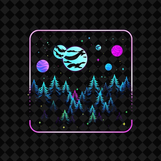 PSD flickering neon space forest inside a silhouette rectangle glowing planets hover over a kawaii fore