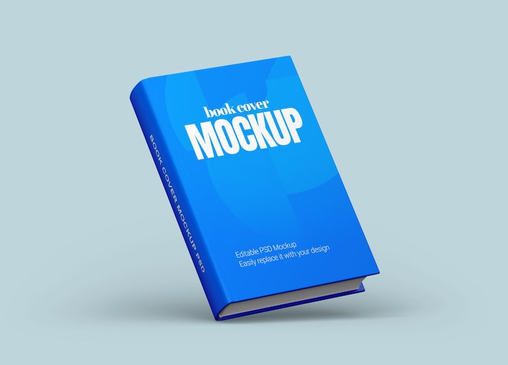 PSD floating blue hardcover book mockup with editable cover