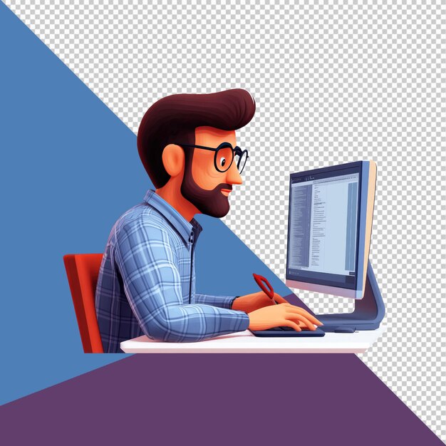 PSD focused programmer working on desktop computer 3d cartoon illustration
