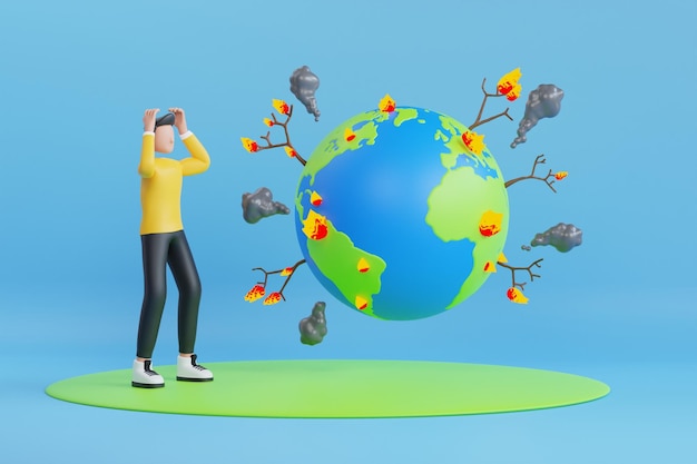 PSD forest fire increasing due to global warming 3d illustration of earth on fire burning of forests