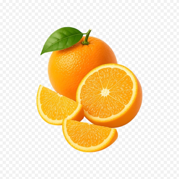 PSD fresh oranges whole half and slices with green leaf