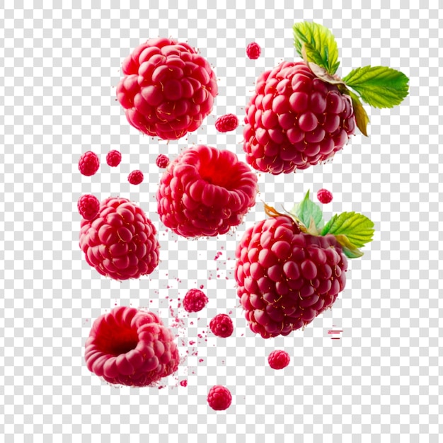 PSD fresh raspberries flying on a transparent background
