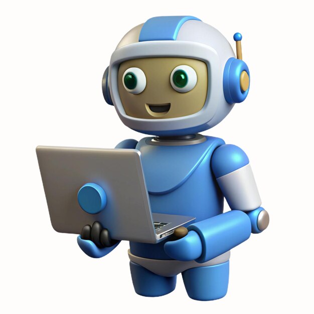 PSD friendly blue robot character working on a laptop