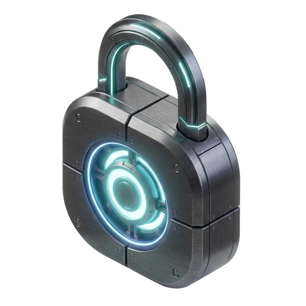 PSD futuristic cyber security padlock with glowing core