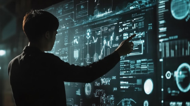 PSD futuristic tech interface a person interacting with a large interactive screen displaying complex data visualizations and graphs