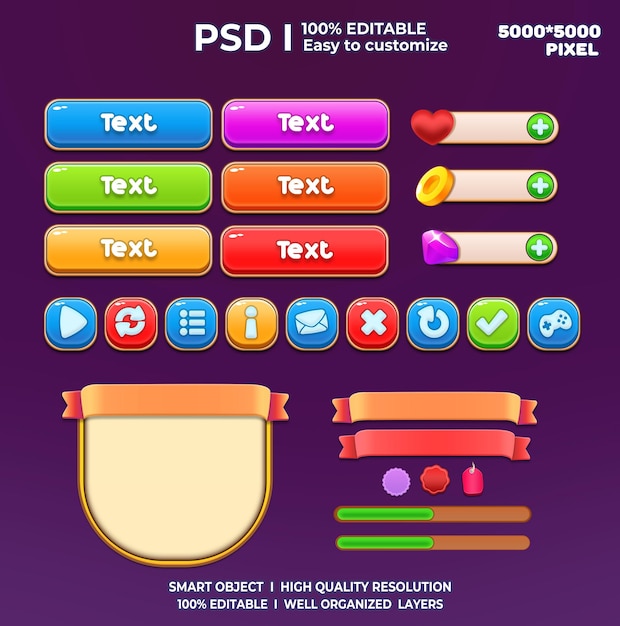 PSD game ui kit game elements game ui button casual game ui kit game graphics interface user 2d