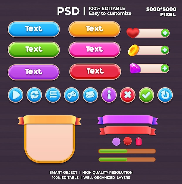 PSD game ui kit game elements game ui button casual game ui kit game graphics interface user 2d