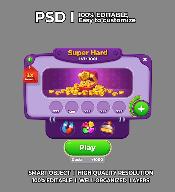 PSD game ui popup game ui psd game ui challenge window hard level game ui casual game ui popup game