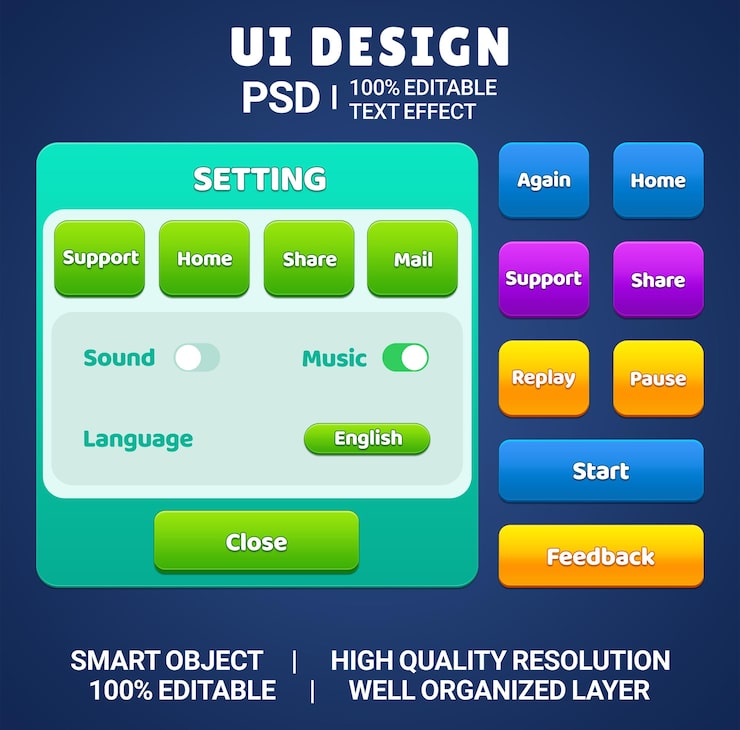 Game UI Setting Screens Setting UI 2D UI 2D interface Game UI elements Game elements Button