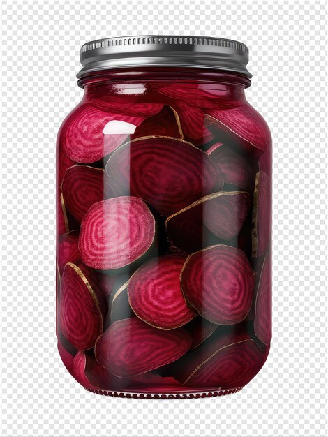 PSD a glass jar of beets with a red background
