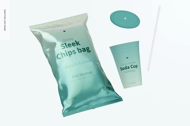 PSD glossy sleek chips bags mockup, falling