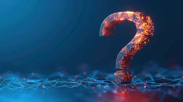PSD a glowing question mark made of digital particles on a blue background with lines of data